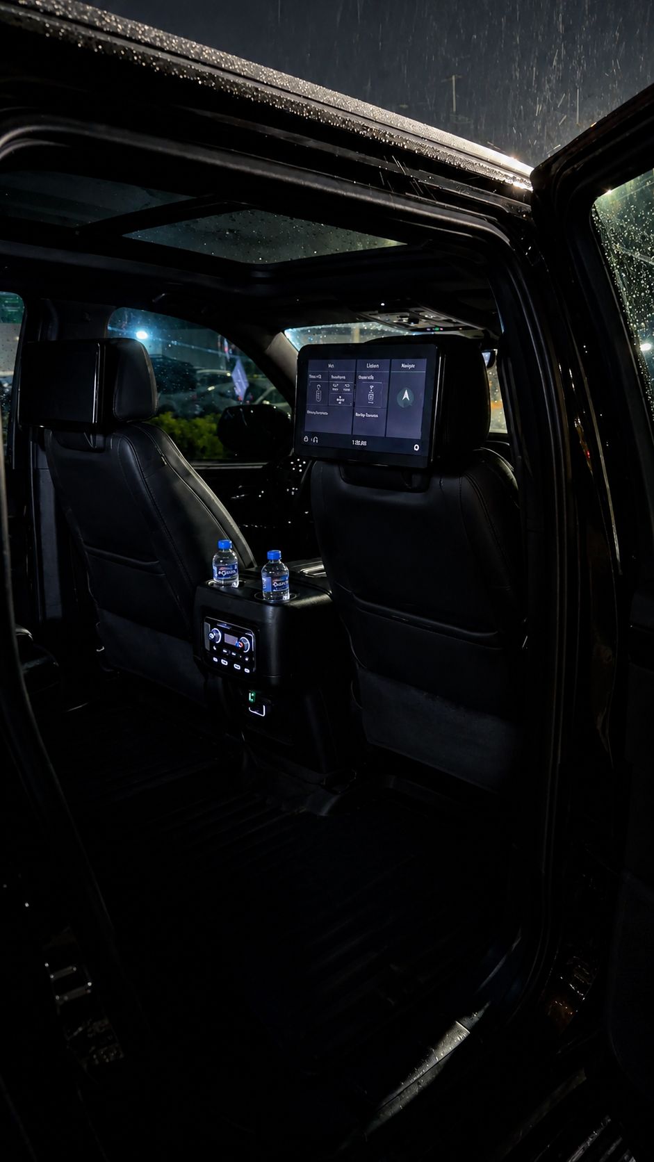 Cabina trasera de una SUV premium con pantallas y controles de climatización.